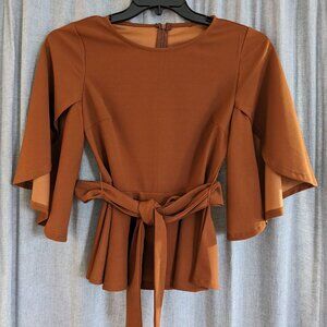 Brown Blouse Top Womens S Butterfly Sleeve Ren Fest Witchy Boho Fall Belted